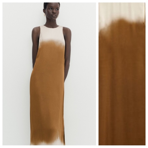 NWT. Massimo Dutti Brown/Cream Satin Finish Tie-Dye Flowing Long Dress. Size 2. - Picture 3 of 11